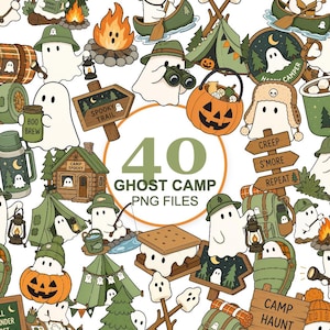 Op de afbeelding: Een verzameling van 40 digitale illustraties met witte geesten die kampeeractiviteiten ondernemen, zoals marshmallows roosteren, bij kampvuren zitten, wandelen en slapen in tenten, met de tekst 40 GHOST CAMP PNG FILES.