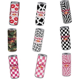 May include: Nine Red Bull energy drink cans with various patterns. Designs include red lips, cow spots, zebra stripes, camouflage, leopard print, black and white checkerboard, pink and white checkerboard, and pink zebra stripes. The Red Bull logo is visible.