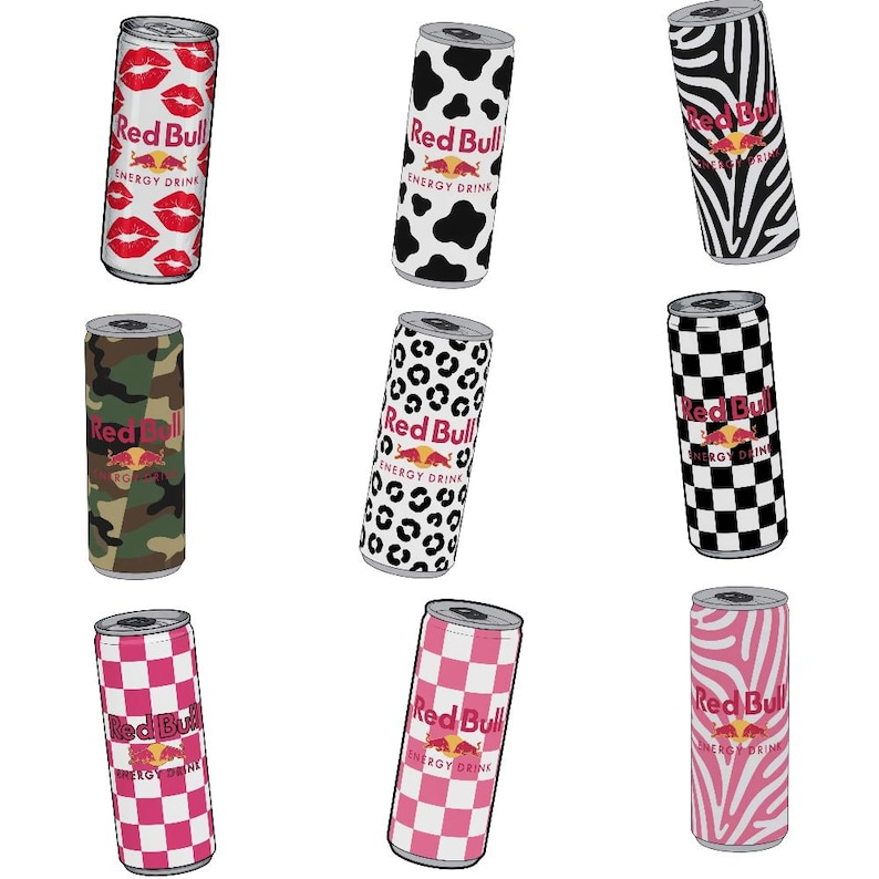 May include: Nine Red Bull energy drink cans with various patterns. Designs include red lips, cow spots, zebra stripes, camouflage, leopard print, black and white checkerboard, pink and white checkerboard, and pink zebra stripes. The Red Bull logo is visible.