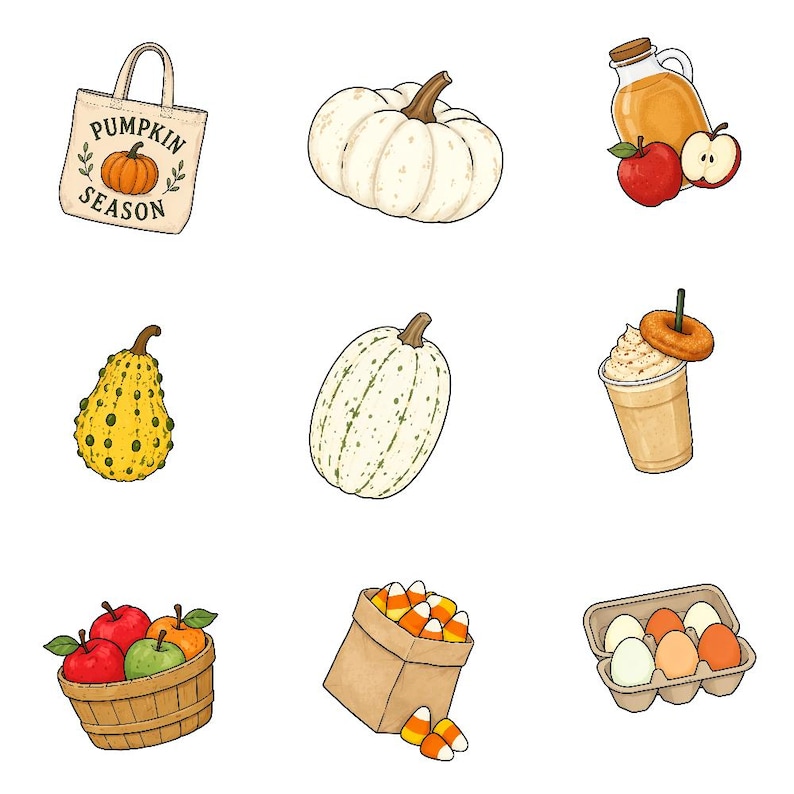 May include: A collection of autumn-themed illustrations including a tote bag with the text PUMPKIN SEASON, a white pumpkin, apple cider, a yellow gourd, a speckled pumpkin, a drink with a donut, a basket of apples, candy corn, and a carton of eggs.