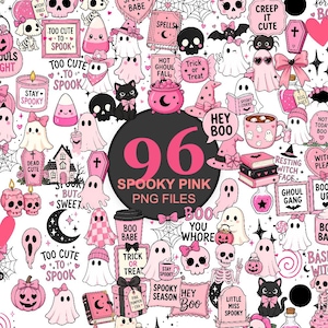 May include: A collection of 96 pink and black Halloween-themed digital illustrations featuring ghosts, skulls, black cats, pumpkins, coffins, and potions. The central text reads 96 SPOOKY PINK PNG FILES, surrounded by various spooky icons.