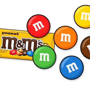 May include: A yellow M&M's Peanut Chocolate Candies package with the brand name in brown letters. Scattered around are colorful M&M's candies in red, orange, green, blue, yellow, and brown, each with a white "m" on them.