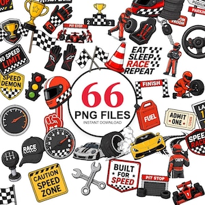 May include: A collection of 66 digital illustrations featuring racing themes including red helmets, chequered flags, sports cars, speedometers, trophies, pit crew gear, traffic lights, wrenches, and signs with text like EAT SLEEP RACE REPEAT.