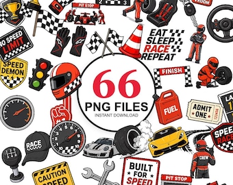 Paquete de imágenes prediseñadas de autos de carreras y pistas de carreras: bandera a cuadros, autos deportivos - 66 PNGs, ilustraciones para fiestas de carreras - Descargar