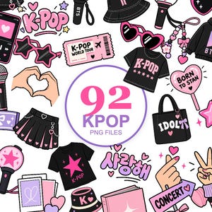 May include: A collection of 92 K-pop themed digital illustrations featuring black and pink icons including t-shirts, skirts, heart-shaped sunglasses, light sticks, concert tickets, tote bags, and hand gestures with the text 92 KPOP PNG FILES.