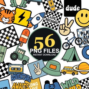 Pode incluir: Uma coleção de 56 adesivos digitais com várias ilustrações, incluindo um rosto de tigre, foguete, skate, bicicleta, trator, ônibus escolar, barraca, fita cassete, chapéu bucket, sinal de paz, rosto sorridente e o texto 56 PNG FILES.