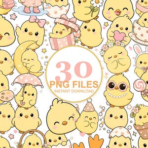 Paquete de imágenes prediseñadas de pollitos adorables, 32 imágenes PNG de pollitos, gráficos kawaii de pollitos de primavera, Pascua, huevo para incubar y pollito floral, descarga instantánea.