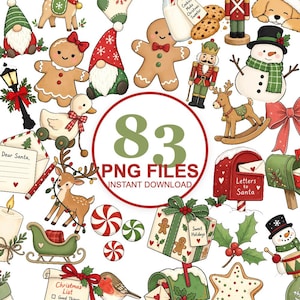 Pode incluir: Uma coleção digital de 83 arquivos PNG com tema natalino, apresentando ilustrações de bonecos de gengibre, gnomos, quebra-nozes, um boneco de neve, rena, trenó, caixas de correio, doces, uma vela e uma carta ao Papai Noel com o texto 83 PNG FILES.