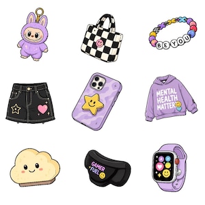 May include: A collection of nine illustrations featuring a purple bunny keychain, a black and white checkered tote bag, a beaded bracelet with the text BE YOU, a black denim skirt, a purple phone case, a purple hoodie, a bread slice, a fanny pack, and a watch.