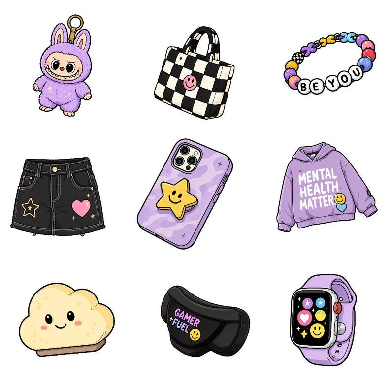 May include: A collection of nine illustrations featuring a purple bunny keychain, a black and white checkered tote bag, a beaded bracelet with the text BE YOU, a black denim skirt, a purple phone case, a purple hoodie, a bread slice, a fanny pack, and a watch.
