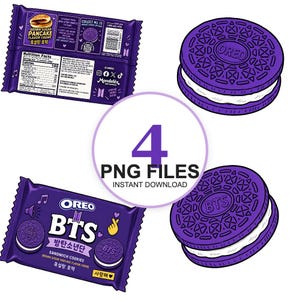 Puede incluir: Cuatro archivos PNG digitales que muestran galletas tipo sándwich Oreo de color morado y envases de marca. Los diseños incluyen una galleta con el logo de Oreo, una con el logo de BTS y dos paquetes de snacks morados Brown Sugar Pancake Flavor Creme.