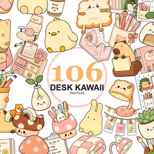 May include: A collection of 106 digital illustrations featuring kawaii desk accessories, including a calendar, tape dispensers, pens, lamps, and potted plants, all rendered in a soft pastel colour palette with cute, smiling character faces.