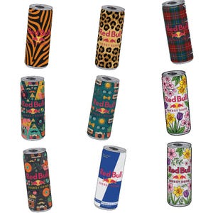 May include: Nine Red Bull energy drink cans with various designs. The cans feature patterns like animal prints, floral arrangements, and geometric shapes. The Red Bull logo is visible on each can.