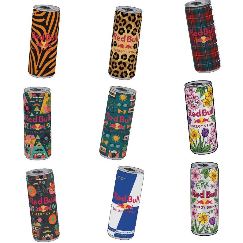 May include: Nine Red Bull energy drink cans with various designs. The cans feature patterns like animal prints, floral arrangements, and geometric shapes. The Red Bull logo is visible on each can.