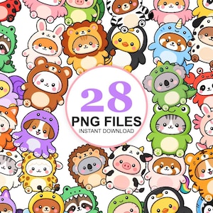 May include: A collection of 28 digital illustrations featuring various cute animals wearing colourful costumes, including a lion, koala, penguin, and cow. The centre circle displays the text 28 PNG FILES INSTANT DOWNLOAD in black.