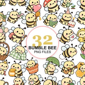 Pode incluir: Uma coleção de 32 ilustrações digitais apresentando abelhas de desenho animado em várias atividades, incluindo segurar corações, colheres de mel, livros e bolos, com o texto 32 BUMBLE BEE PNG FILES centralizado em um círculo rosa.