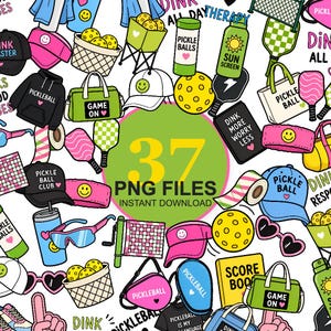 May include: A collection of 37 pickleball-themed digital illustrations featuring paddles, balls, hats, bags, and apparel in bright pink, green, and yellow colours. The central graphic displays the text 37 PNG FILES INSTANT DOWNLOAD.