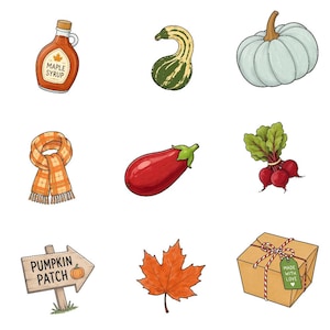 May include: A collection of nine illustrations featuring a bottle of maple syrup, a striped gourd, a pale pumpkin, an orange plaid scarf, an eggplant, a bunch of radishes, a wooden sign reading PUMPKIN PATCH, an orange maple leaf, and a gift box.