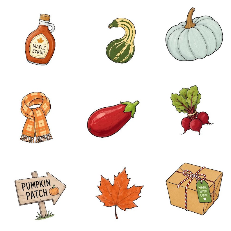 May include: A collection of nine illustrations featuring a bottle of maple syrup, a striped gourd, a pale pumpkin, an orange plaid scarf, an eggplant, a bunch of radishes, a wooden sign reading PUMPKIN PATCH, an orange maple leaf, and a gift box.