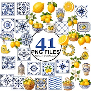 May include: A digital collection of 41 PNG files featuring blue and white Mediterranean-style ceramic tile patterns, yellow lemons with green leaves, wicker baskets filled with lemons, ceramic vases, teacups, and olive oil bottles.