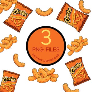 Può includere: Illustrazione digitale con sacchetti di snack Cheetos e singoli puff Cheetos sparsi. Una grafica circolare con il numero 3 e il testo "PNG FILES INSTANT DOWNLOAD" è al centro. L'immagine ha uno sfondo bianco.