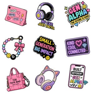 May include: A collection of nine colorful stickers featuring a pink tablet with stickers, purple headphones with the text NO CAP, JUST FACTS, a GEN ALPHA sticker, a beaded bracelet with a bow and 8-ball, a SMALL GENERATION BIG IMPACT sticker, a KIND COOL CONNECTED sign, a pink tote bag, cat-ear headphones, and a BUILT DIFFERENT GEN ALPHA phone sticker.