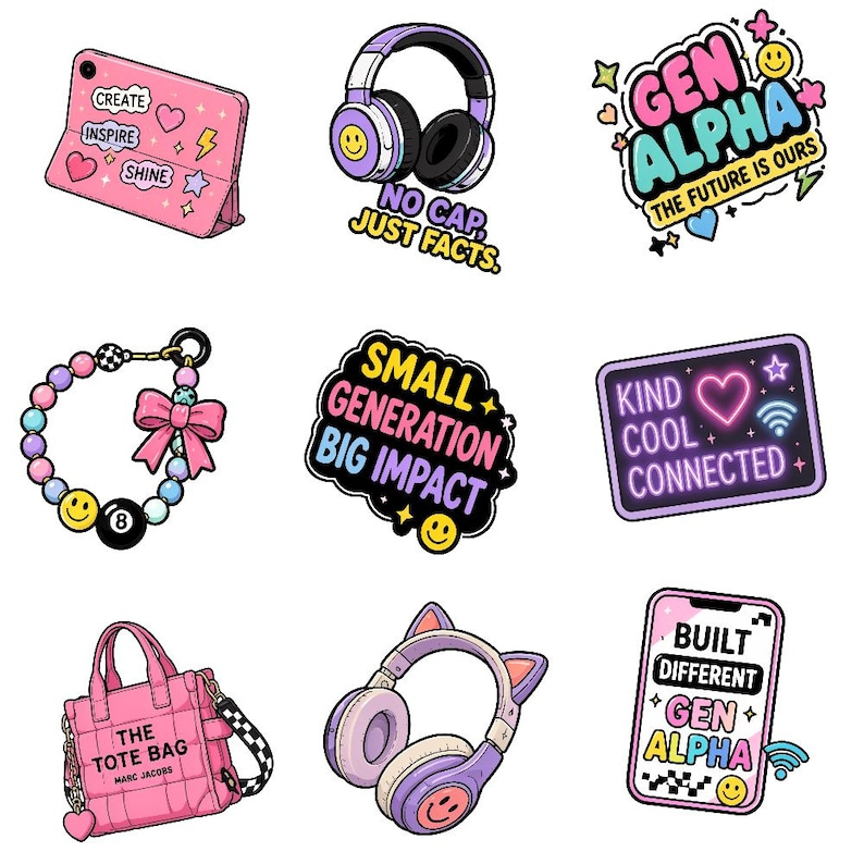 May include: A collection of nine colorful stickers featuring a pink tablet with stickers, purple headphones with the text NO CAP, JUST FACTS, a GEN ALPHA sticker, a beaded bracelet with a bow and 8-ball, a SMALL GENERATION BIG IMPACT sticker, a KIND COOL CONNECTED sign, a pink tote bag, cat-ear headphones, and a BUILT DIFFERENT GEN ALPHA phone sticker.