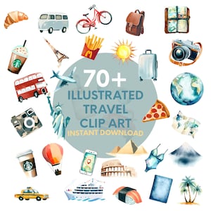 Downloadbare schattige reisclipart - afdrukbare reisclipartset - 70+ unieke ontwerpen - aquarelreisillustratie