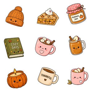 K&ouml;nnte beinhalten: Eine Sammlung von neun niedlichen Illustrationen mit einer orangefarbenen Strickm&uuml;tze, einem St&uuml;ck Kuchen, einem Glas K&uuml;rbismarmelade, einem gr&uuml;nen Buch mit der Aufschrift COZY DAYS, einem rosa Becher mit Marshmallows, einem Glas Apfelwein, einer K&uuml;rbiskerze, einem Becher mit der Aufschrift THANKFUL und einem rosa Becher.