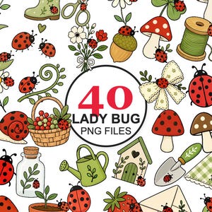 Puede incluir: Una colección digital de 40 archivos PNG de mariquitas con ilustraciones de mariquitas rojas y negras junto a elementos de jardín como setas, flores, una regadera, una cesta de bayas, una casita para pájaros y una pala de jardín.
