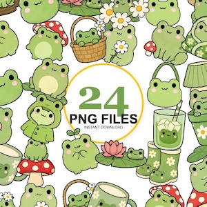 Söt groda kawaii clipart-paket PNG | 24 estetiska kawaii grodor transparenta clipart | Kommersiellt bruk digitalt nedladdningsbart klistermärkesark