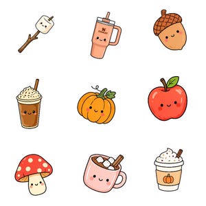 K&ouml;nnte beinhalten: Eine Sammlung von neun niedlichen Cartoon-Aufklebern mit einem Marshmallow am Stiel, einem pfirsichfarbenen Stanley-Becher, einer Eichel, einem Kaffeegetr&auml;nk, einem orangefarbenen K&uuml;rbis, einem roten Apfel, einem roten Pilz, einer rosa Kakaotasse und einem K&uuml;rbis-Latte.