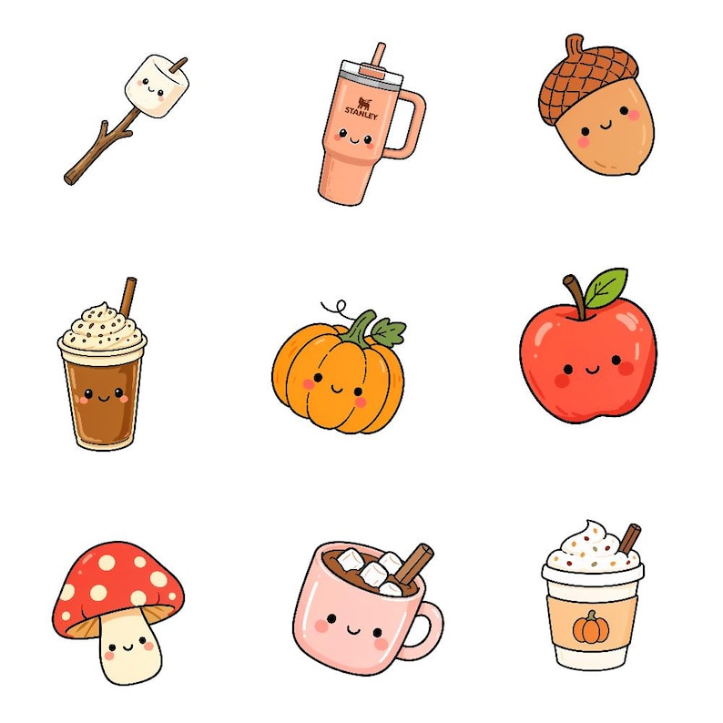 K&ouml;nnte beinhalten: Eine Sammlung von neun niedlichen Cartoon-Aufklebern mit einem Marshmallow am Stiel, einem pfirsichfarbenen Stanley-Becher, einer Eichel, einem Kaffeegetr&auml;nk, einem orangefarbenen K&uuml;rbis, einem roten Apfel, einem roten Pilz, einer rosa Kakaotasse und einem K&uuml;rbis-Latte.