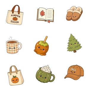 K&ouml;nnte beinhalten: Eine Sammlung von neun niedlichen Illustrationen, darunter eine Tragetasche mit dem Text PUMPKIN SEASON, ein offenes Buch mit einem Blatt, braune Hausschuhe, eine karierte Tasse, ein Liebesapfel, ein Tannenbaum, eine K&uuml;rbistasche, eine K&uuml;rbistasse und eine Baseballkappe mit FALL.