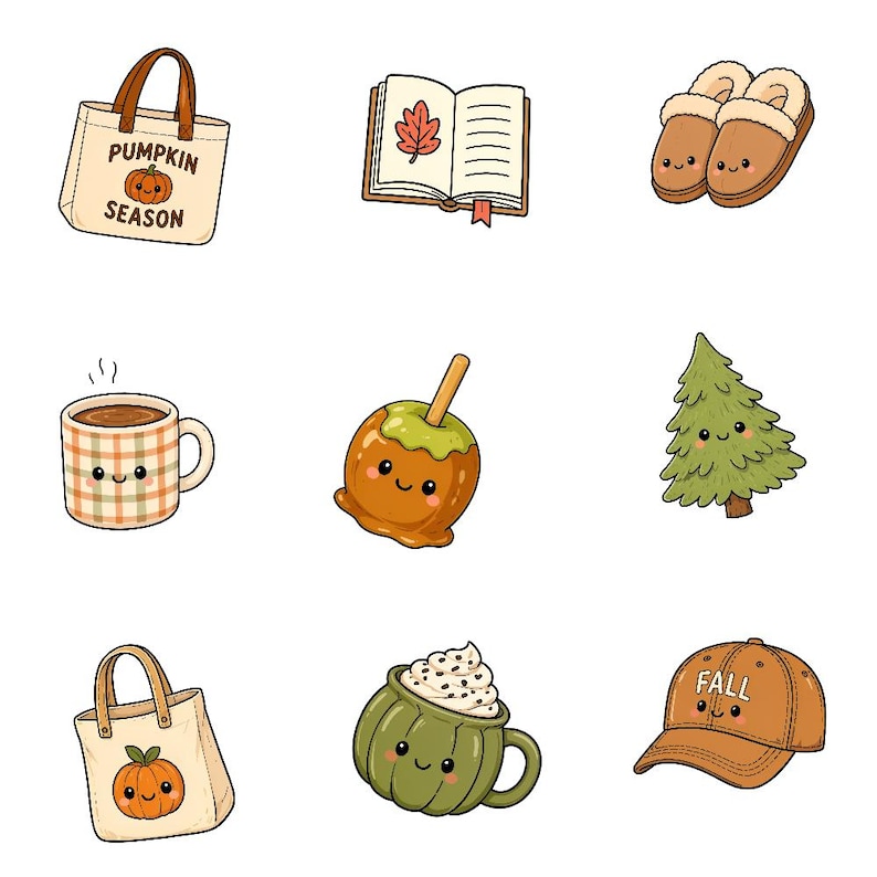 K&ouml;nnte beinhalten: Eine Sammlung von neun niedlichen Illustrationen, darunter eine Tragetasche mit dem Text PUMPKIN SEASON, ein offenes Buch mit einem Blatt, braune Hausschuhe, eine karierte Tasse, ein Liebesapfel, ein Tannenbaum, eine K&uuml;rbistasche, eine K&uuml;rbistasse und eine Baseballkappe mit FALL.