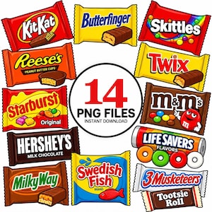 Peut inclure: Une collection de 14 emballages de bonbons incluant KitKat, Butterfinger, Skittles, Reese's, Twix, Starburst, Hershey's, M&M's, Life Savers, Milky Way, Swedish Fish, 3 Musketeers et Tootsie Roll avec le texte 14 PNG FILES.