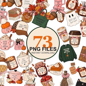 以下が含まれることがあります： カボチャ、コーヒーカップ、セーター、秋の紅葉を描いた73種類の秋をテーマにしたデジタルイラスト集。各グラフィックには「Spooky Season」、「Fall Hair Don't Care」、「Too Cozy To Care」、「Emotionally Attached To Fall」などのテキストが含まれています。