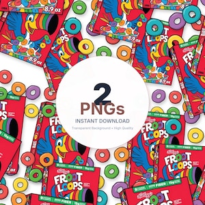 May include: A digital download graphic featuring multiple boxes of Kellogg's Froot Loops cereal and colorful cereal pieces scattered on a white background. The boxes have a red background with the Froot Loops logo and a toucan mascot. The image includes the text "2 PNGs".
