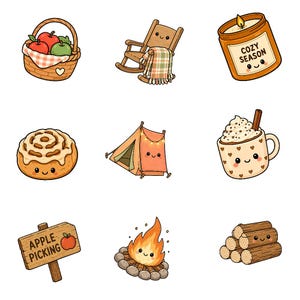 K&ouml;nnte beinhalten: Eine Sammlung von neun niedlichen Illustrationen mit einem Korb voller &Auml;pfel, einem Schaukelstuhl mit karierter Decke, einer Kerze mit der Aufschrift COZY SEASON, einer Zimtschnecke, einem Zelt, einer Tasse mit Sahne, einem APPLE PICKING-Schild, einem Lagerfeuer und Holzscheiten.