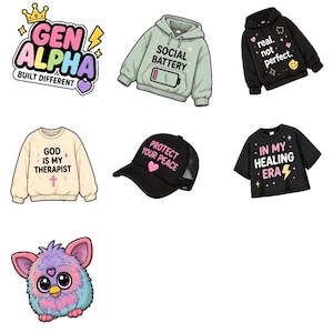 May include: A collection of apparel and accessories including a Gen Alpha sticker, a light green Social Battery hoodie, a black Real Not Perfect hoodie, a cream God Is My Therapist sweatshirt, a Protect Your Peace cap, an In My Healing Era shirt, and a furry toy.
