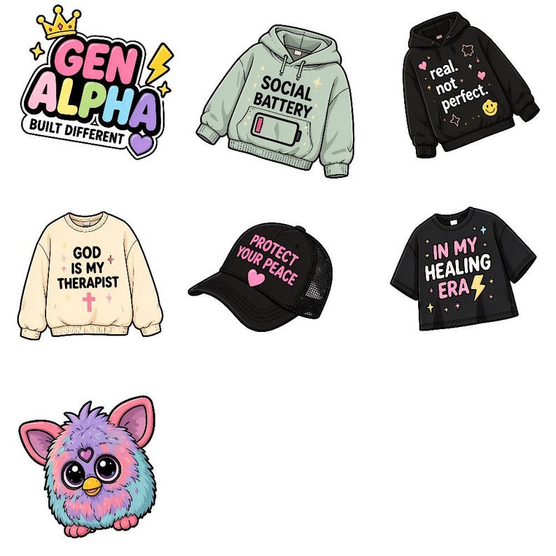 May include: A collection of apparel and accessories including a Gen Alpha sticker, a light green Social Battery hoodie, a black Real Not Perfect hoodie, a cream God Is My Therapist sweatshirt, a Protect Your Peace cap, an In My Healing Era shirt, and a furry toy.