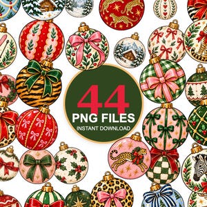 Puede incluir: Una colección de 44 ilustraciones digitales de adornos navideños con varios patrones, incluyendo estampado de leopardo, cuadros, lazos, acebo y paisajes invernales. Un círculo verde central muestra el texto 44 PNG FILES INSTANT DOWNLOAD.