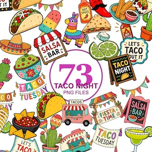 May include: A collection of colorful cartoon illustrations featuring tacos, a piñata, salsa bars, cacti, hot sauce, churros, maracas, food trucks, and signs with text including Taco Night, Taco Tuesday, Salsa Bar, and Let's Taco Bout It.