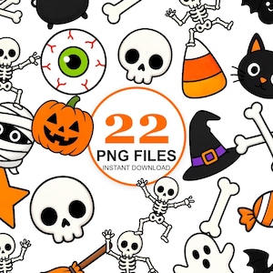 Pode incluir: Uma coleção digital de 22 arquivos PNG com ilustrações temáticas de Halloween, incluindo esqueletos, um globo ocular com íris verde, um crânio, milho doce, um gato preto, uma múmia, uma abóbora, um chapéu de bruxa, ossos, um fantasma e uma vassoura.
