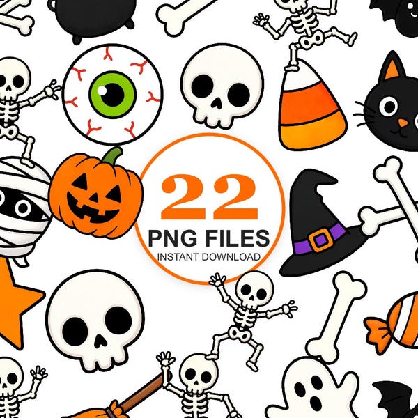 Spooky Cute Halloween Clipart Bundle | Skeletons and Ghost PNG | Kawaii Halloween Clipart | Digital Download