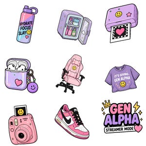 May include: A collection of nine digital stickers featuring a purple water bottle with text, a mini fridge, a purple instant camera, wireless earbuds in a case, a pink gaming chair, a purple t-shirt with text, a pink camera, a pink sneaker, and Gen Alpha text.