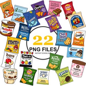 Könnte beinhalten: Eine Sammlung von zweiundzwanzig digitalen Illustrationen verschiedener Snackverpackungen, darunter Cheetos, Takis, Nutella, Lay's, Doritos, Kettle Chips, M&M's, Bare Apfelchips, That's it Riegel, Chips Ahoy, Goldfish, Quest Riegel und Talenti Gelato.