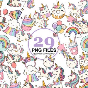Söt enhörning Clipart PNG-paket | 29 pastellfärgade regnbågar, enhörningsdesserter och festelement | Kawaii digitalt clipartset | Kommersiellt bruk