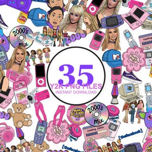 May include: A digital collage featuring 35 Y2K-themed PNG files, including icons like flip phones, portable music players, CDs labeled 2000's mix, teddy bears, fashion dolls, and retro computer graphics, all centered around the text 35 Y2K PNG FILES.
