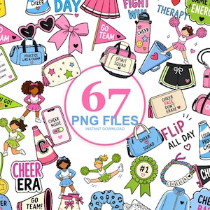 Op de afbeelding: Een verzameling digitale illustraties met cheerleading-thema's, waaronder cheerleaders, pompons, megafoons, sporttassen, strikken en teksten zoals 67 PNG FILES, CHEER ERA en SPIRIT SQUAD, in een levendig palet van roze, blauw en groen.